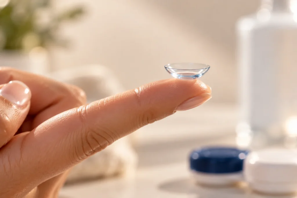 Lente a contatto sulla punta del dito, consulenza in ottica