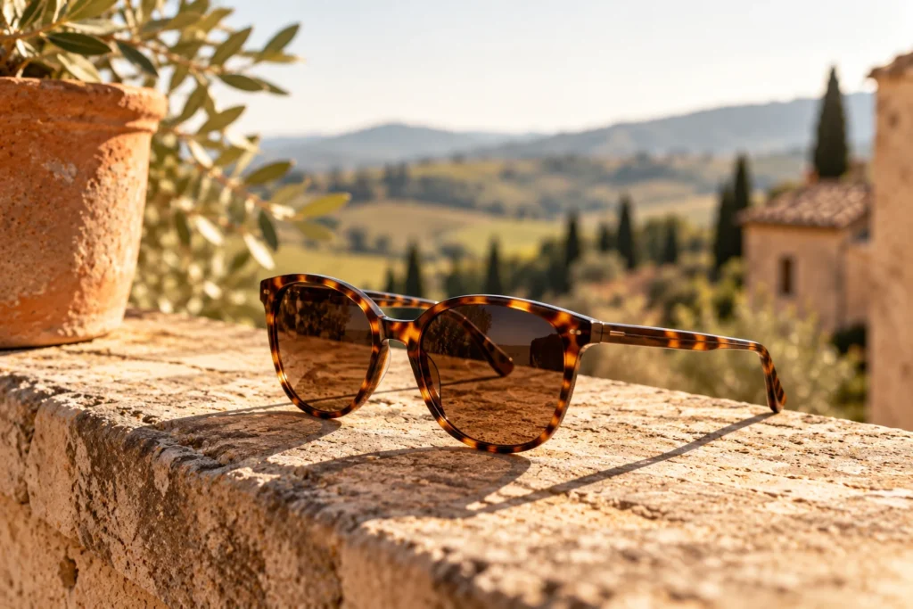 Occhiali da sole di tendenza su un muretto in pietra toscana
